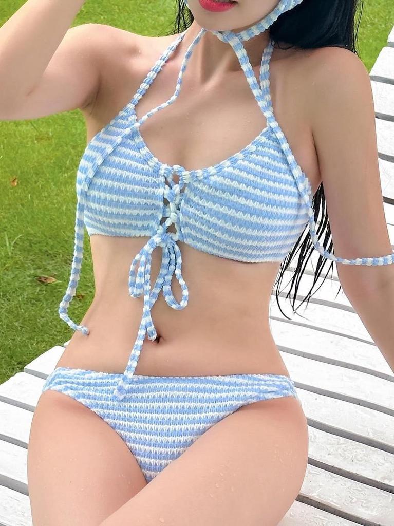 Женский сексуальный раздельный купальник-бикини с принтом, без рукавов, на завязках-халтер, треугольники, с вставками в бюст