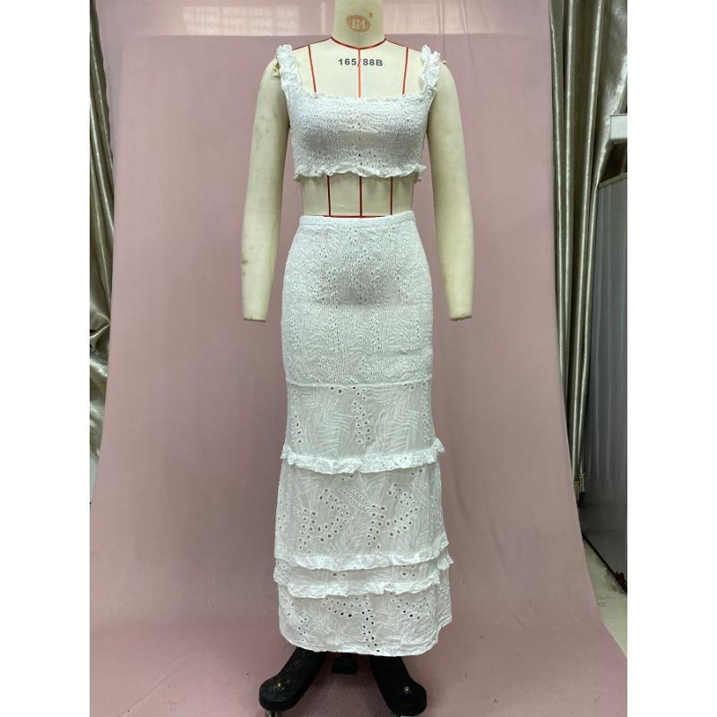 Летний женский комплект с кружевной длинной юбкой без талии с запахом на бедрах «рыбий хвост»