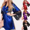 Women Sexy Solid Color Lace Patchwork Half Sleeve Belt Nightdress Bath Robe
