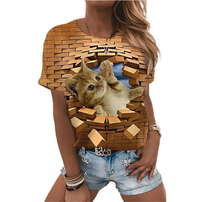 Модные футболки Kawaii Cat с принтом животных 3D, женская уличная одежда, футболка с коротким рукавом, свободные футболки Harajuku Y2K, женская одежда