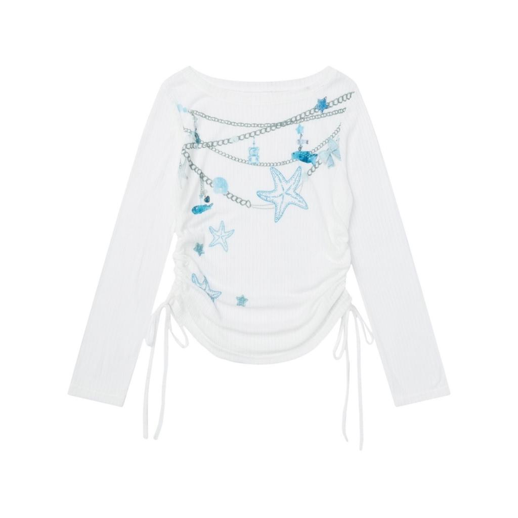 Y2k Women T Shirts Print Long Sleeve Tees Ropa Mujer Off Shoulder Drawstring Tunic Tshirt Sexy T-shirts