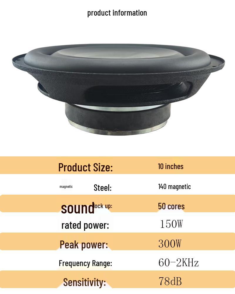 10" Car Subwoofer with 140 Magnet & 50 Core, Rubber Edge, Aluminum Cone