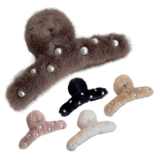 Женская заколка для волос с искусственным жемчугом, декоративная плюшевая заколка для волос с противоскользящими зубцами, зажим для волос на затылке, аксессуары для волос