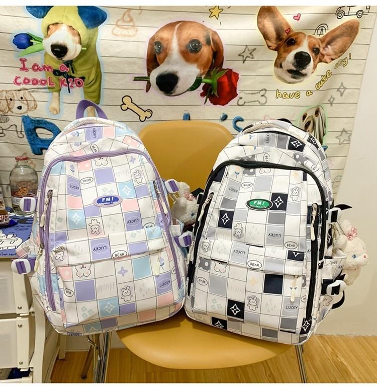 Ins Style Girls' Nylon Large Capacity Backpack For School Students Cartoon Cute Flower Pattern Grid Element