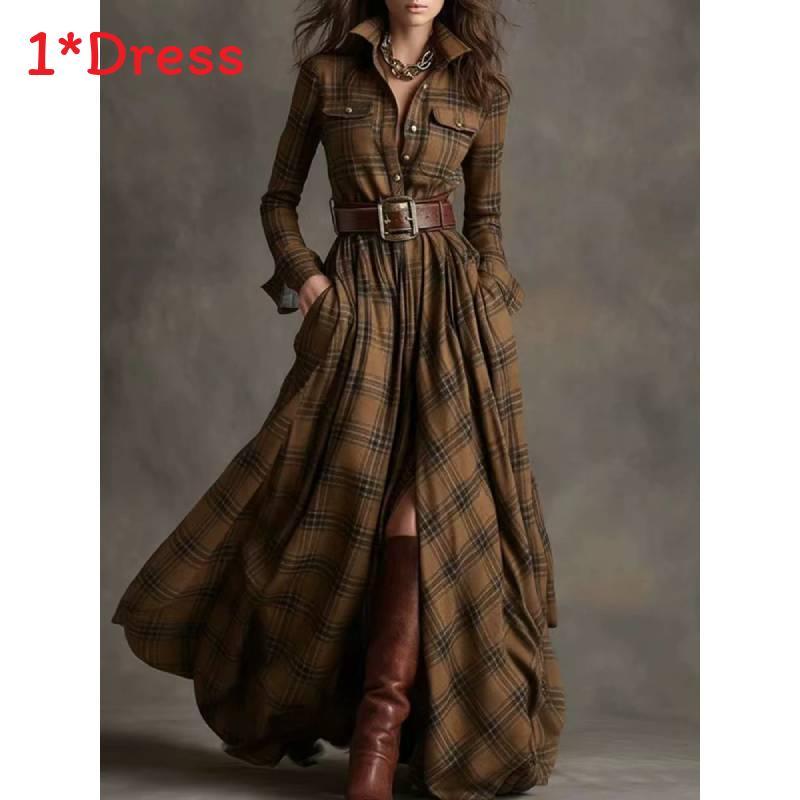 Vintage Plaid Long Sleeve Dress With Pockets For Autumn Fashion Enthusiasts