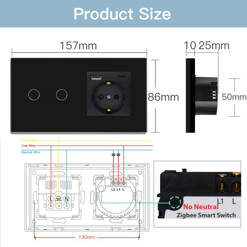 BSEED Zigbee 1/2/3Gang Wall Touch Switches With Normal EU Socket USB Type-C Ports Tuya Smart Life App Ccontrol Glass Panel