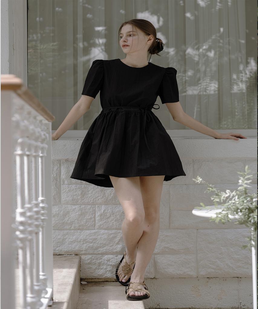 Ish Two Ribbon Detail Puff Sleeve Mini Dress (Black)