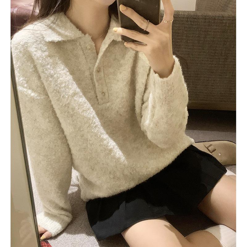 Мягкий и вощеный однотонный свитер с воротником поло для женщин на осень и зиму, новый тонкий, свободный, универсальный, теплый, ленивый свитер