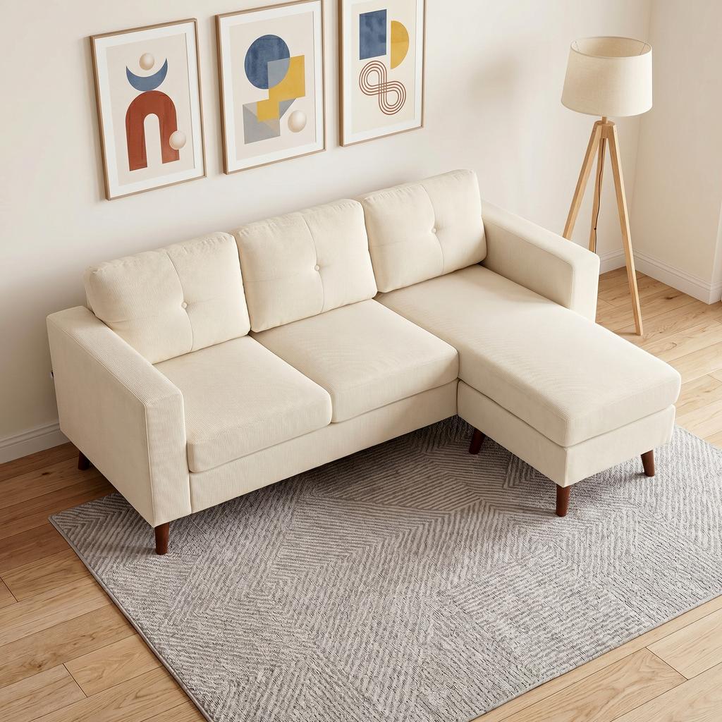 Corner Sofa 192 cm L-Shape 3-Seater Sofa with Reversible Chaise Longue, Corduroy Look, for Small Spaces, Cream White