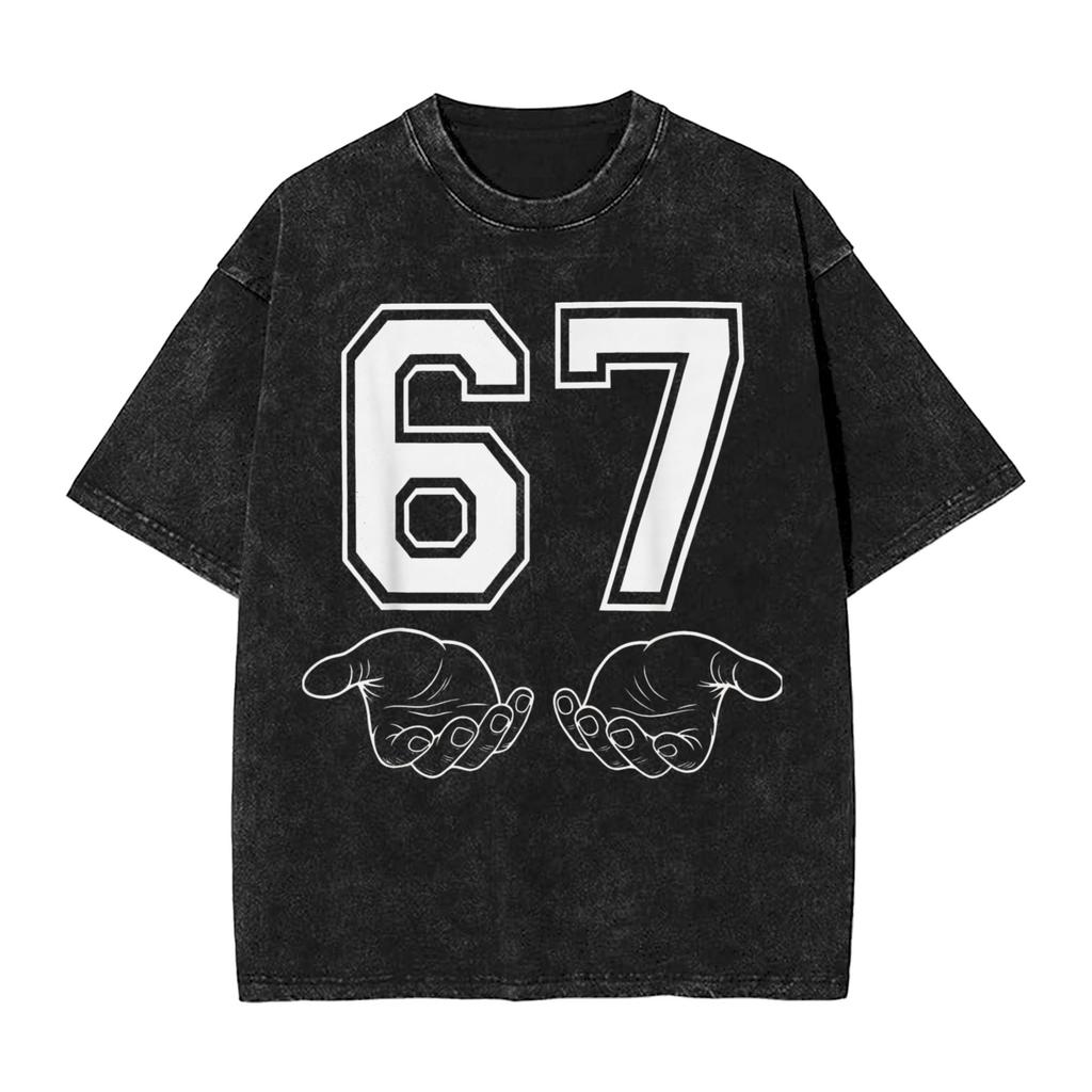 Vintage Washed Tshirt Funny 67 Meme Gen Alpha Slang Skeletal Hands Cotton Tshirts Hip Hop Tee Shirt For Man Beach Casual Tops