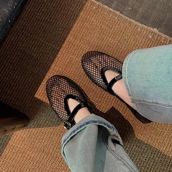 Версия из овчины~ Кожаные сандалии из полой сетки, женские летние сандалии с пряжкой в одно слово, с круглым носком, плоским дном, неглубоким горлом, одинарные туфли Мэри Джейн