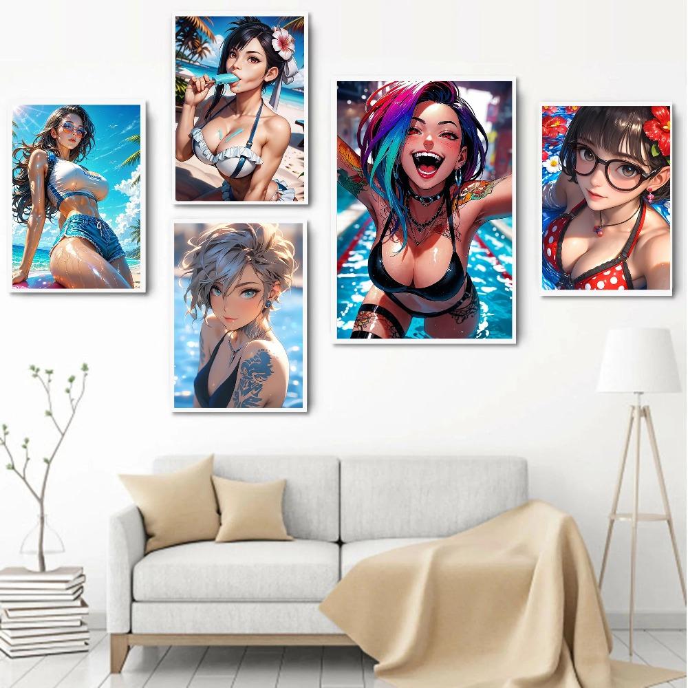 Fashion Sexy Girl in Pool Posters Anime Cartoon Japanese Style Prints Canvas Painting Wall Art Pictures Home Living Room Decor