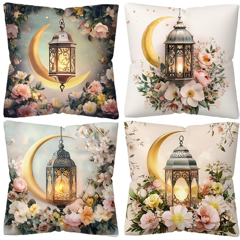 Ramadan Cushion Covers Lantern Floral Designs with Green Plants Printed Square Pillowcase Zipper Closure for Living Room Decor