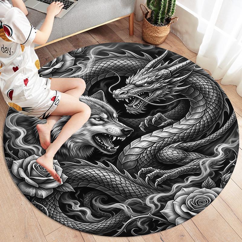 Sketch Armor Dragon Wolf Truck Round Area Rug,Carpet Rug for Living Room Bedroom Sofa Playroom Decor,Non-slip Floor Mat