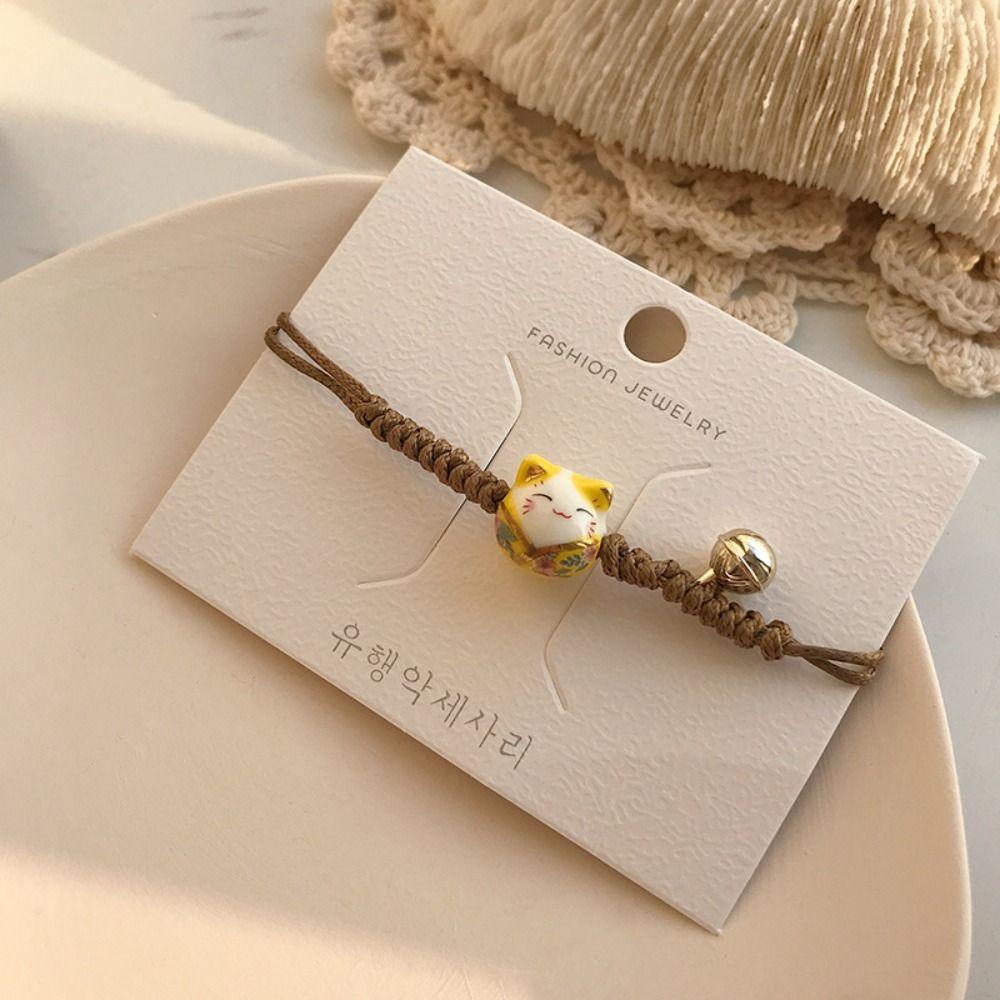 Ceramic Cat Pendant Chinese Style Jewelry Red Braided Rope Women Hand Ring Maneki Neko Bracelet