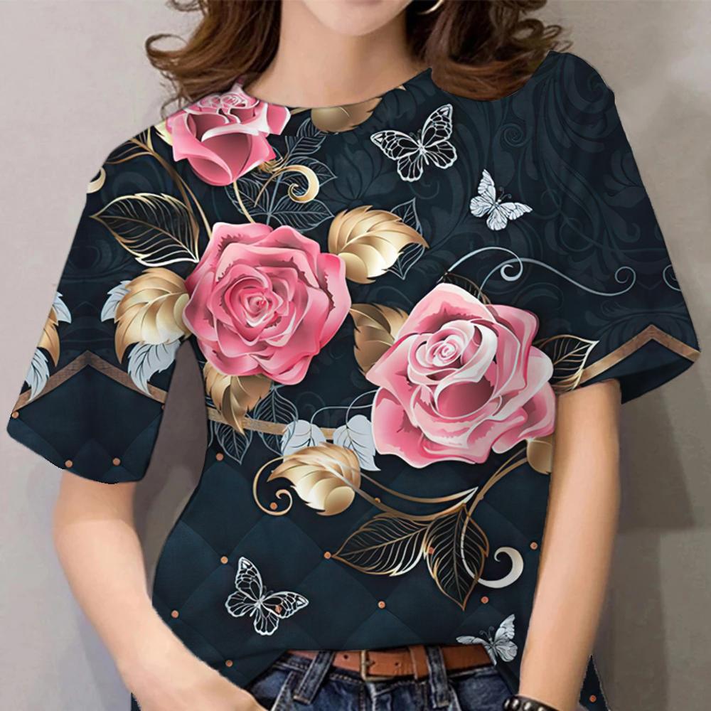 Luxury Women's T Shirt Floral Print Harajuku Clothes O Neck Casual Short Sleeve Tees Daily Y2k Blouse Oversized Tops