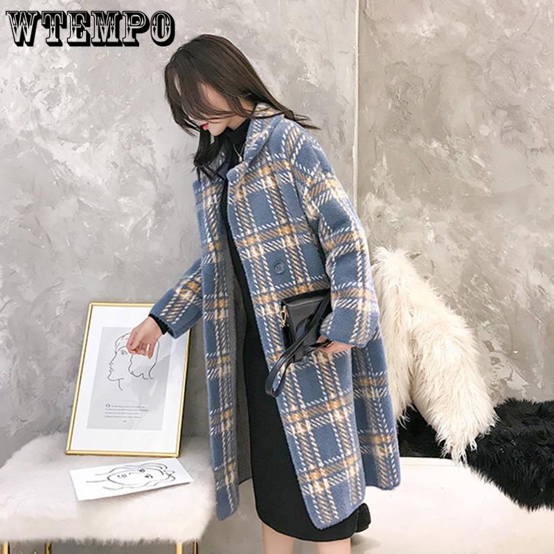 Женские пальто и куртки Модные женские клетчатые двубортные шерстяные пальто Женские пальто