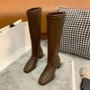Fashion Long Tube Women's Knee-length Cotton Boots Autumn New All-match Square Toe Plus Fleece High Tube Block Heel Skinny Boots