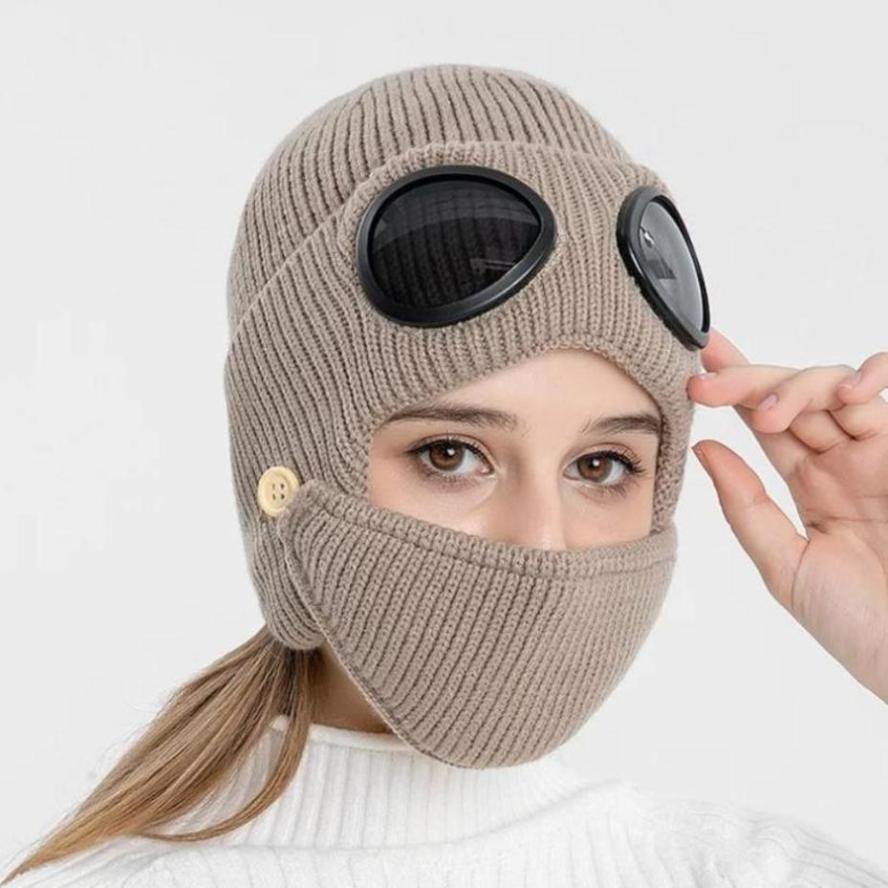 1 Pcs Autumn And Winter New Pilot Glasses Ear Protection Hat With Velvet Warm Wool Hat Women's Korean Knitted Hat Mask