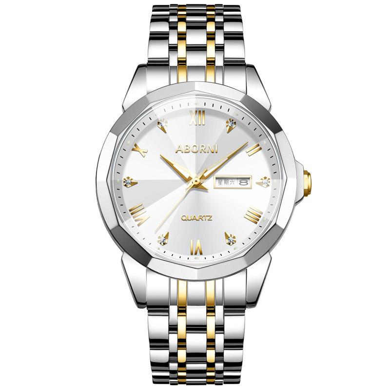 Мужские часы ABORNI, деловые наручные часы с двойным календарем, модные кварцевые мужские часы из зеркальной стали с бриллиантами и бриллиантами