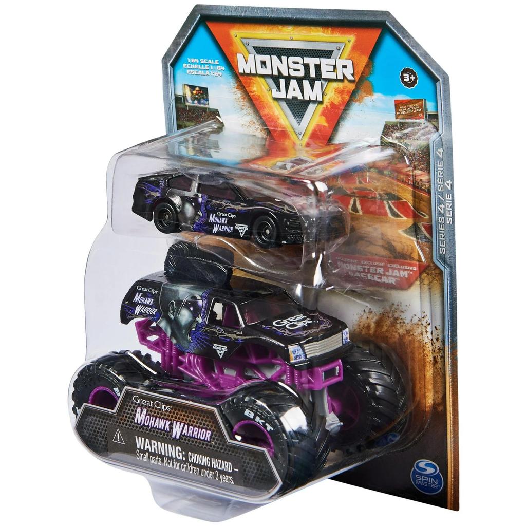 Monster Jam Official 1:64 Scale Diecast Monster Trucks and Race Cars Series 4 Mohawk Warrior, Purple 2-Pack