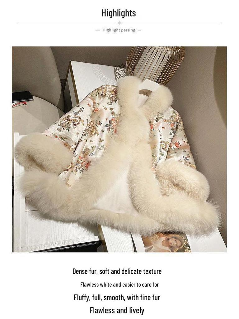 Зимнее пальто из искусственного меха в китайском стиле 2025 года: Женский атласный плащ Тан с бисером средней длины