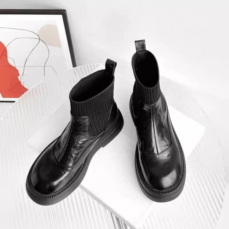 Модные женские кожаные ботильоны элегантные туфли на плоской подошве женские 2025 трендовые зимние теплые платья зимние удобные мотоциклетные ботинки Mujer Botas