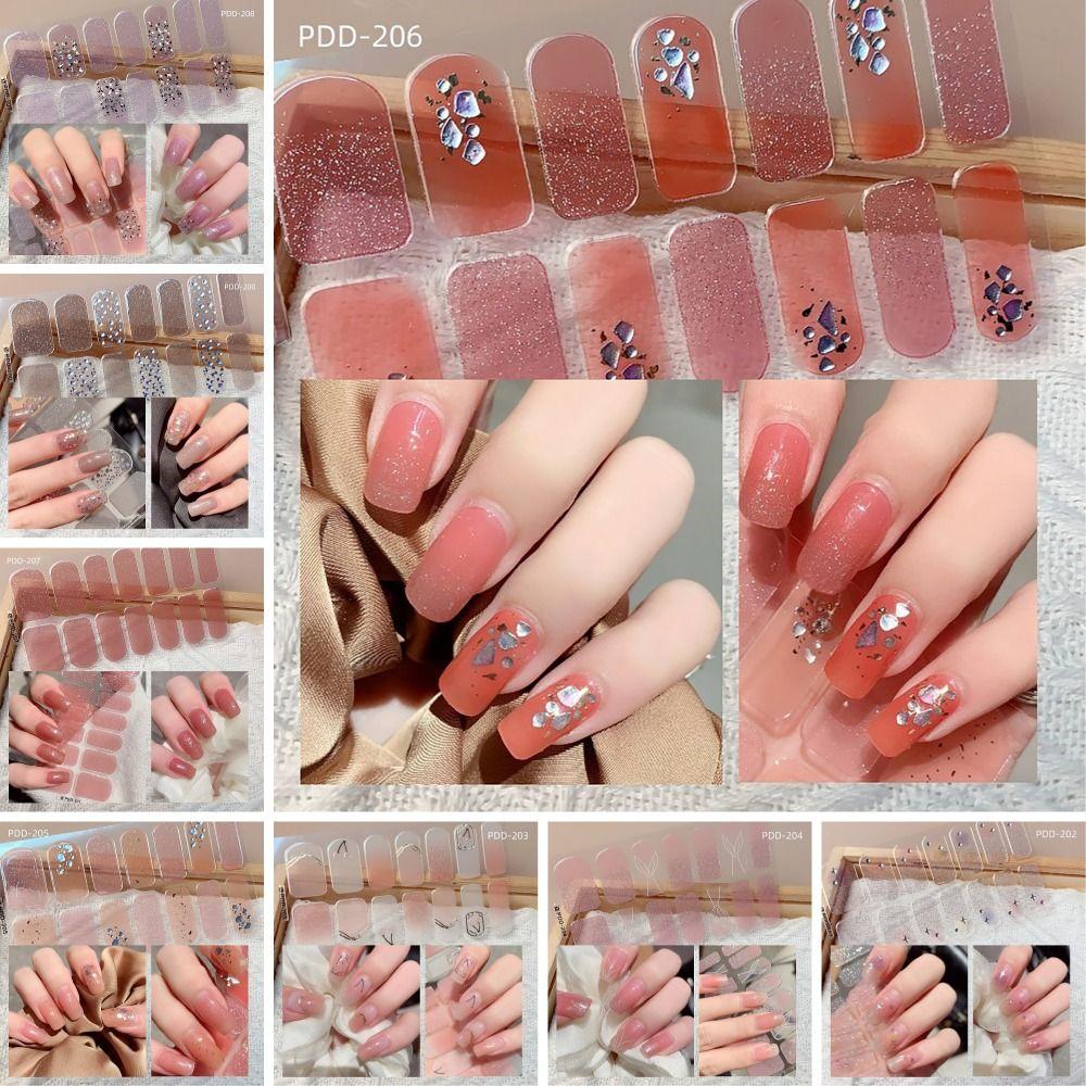 14Strips Nail Patch Semi Cured Nail Art Stickers INS Trendy Gel Nail Stickers DIY Nail Art Making