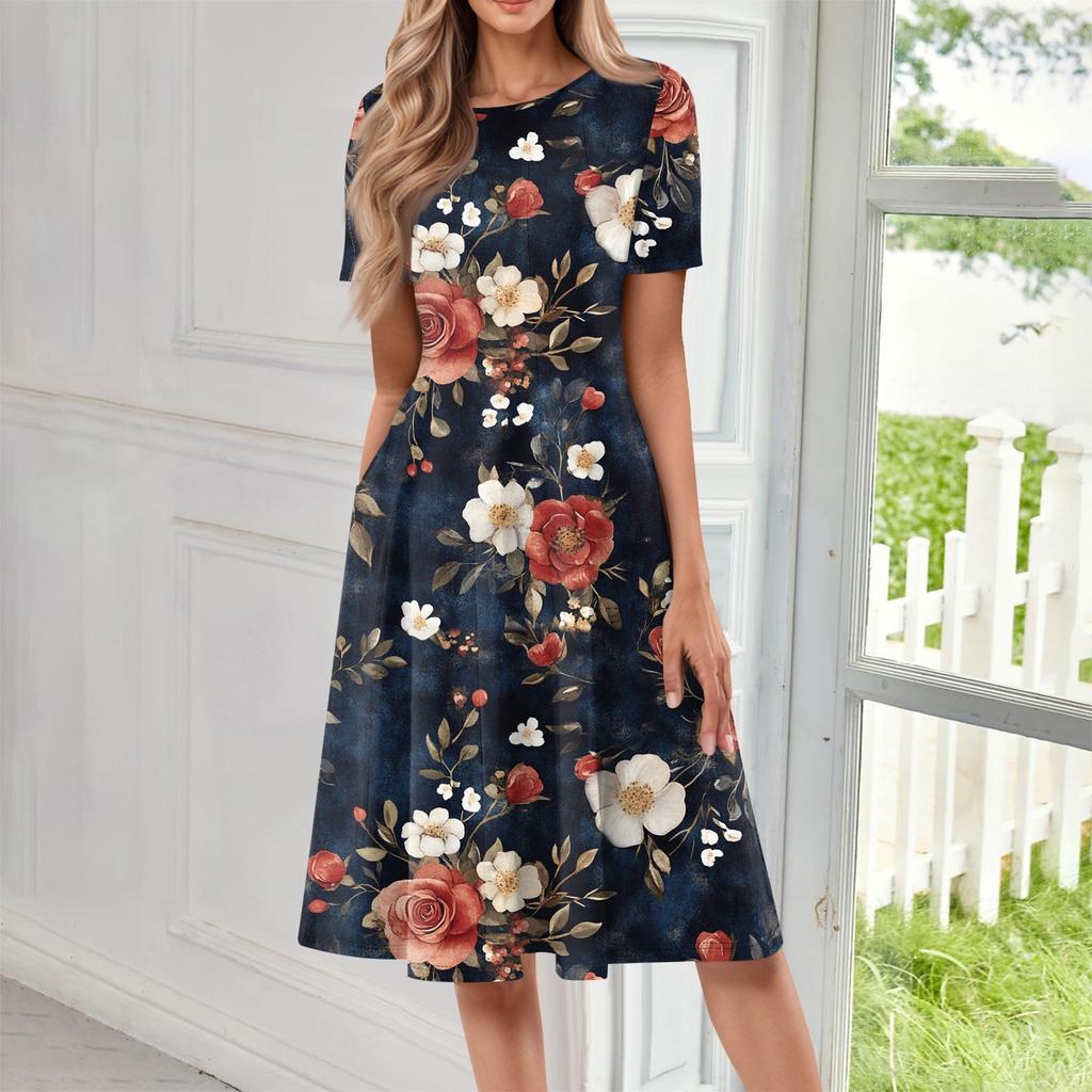 Women's Fashionable Print Round Neck Loose Short Sleeved Pocket Pullover Dress