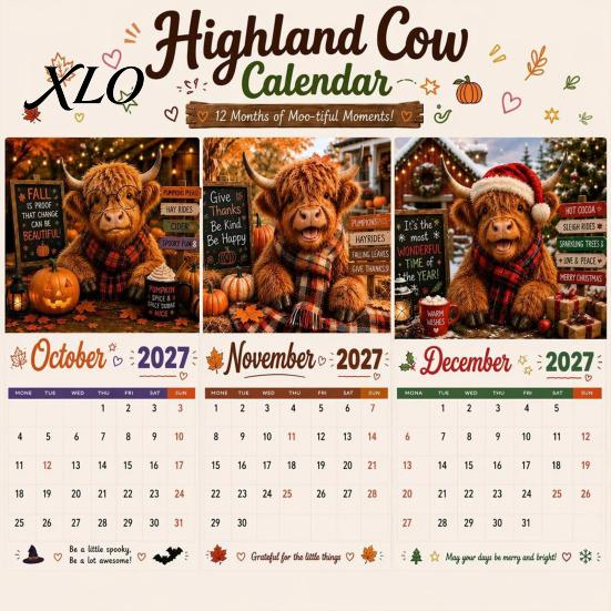 Paper Monthly Wall Planner 2027 Funny Highland Cow Calendar, Cute Farm Animal 12 Month Decorative for Home Scottish Hanging Rustic Decor Art