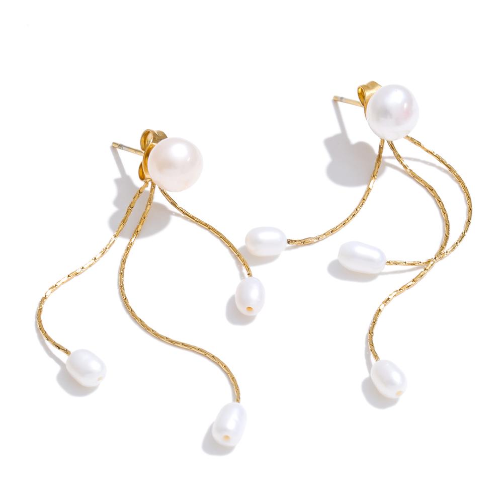 Yhpup Luxury Natural Freshwater Pearls Tassel Chain Drop Earrings for Women Stainless Steel High Quality Attractive Jewelry Gift