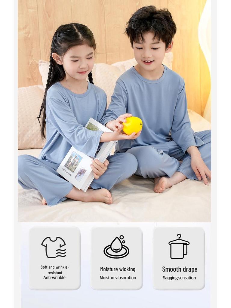 Детский модальный пижамный комплект - Летний легкий, с круглым вырезом, с длинными рукавами и брюками для мальчиков и девочек.