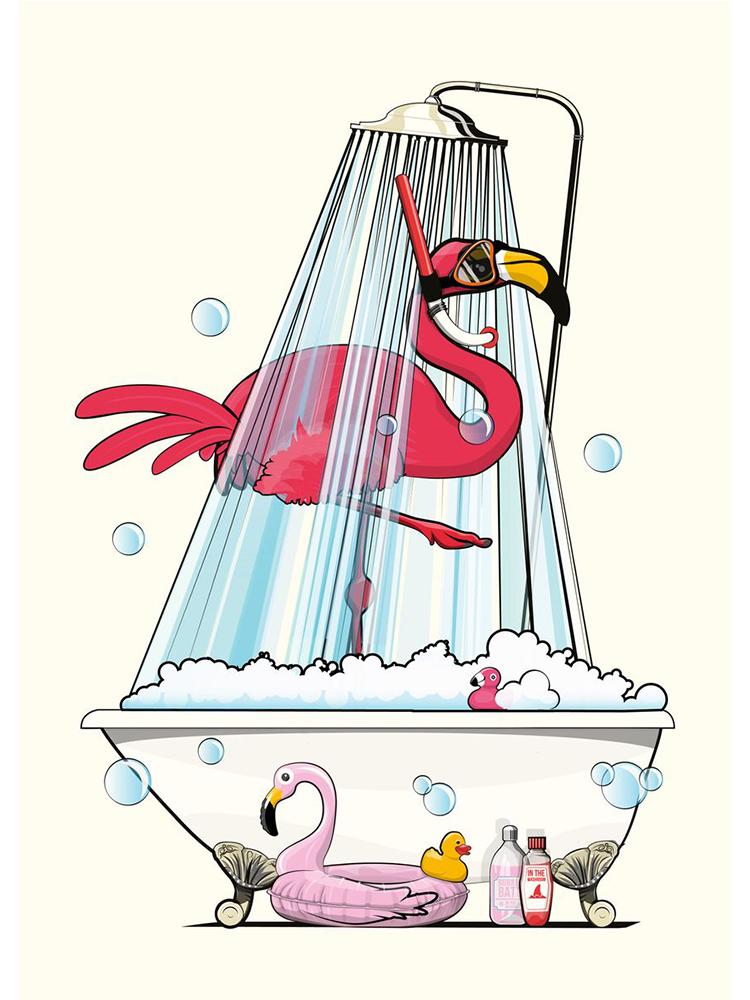 Забавный розовый фламинго с головой в туалете, постеры, холст, картина, скандинавское животное, настенная художественная картина для современной ванной комнаты, украшение для дома