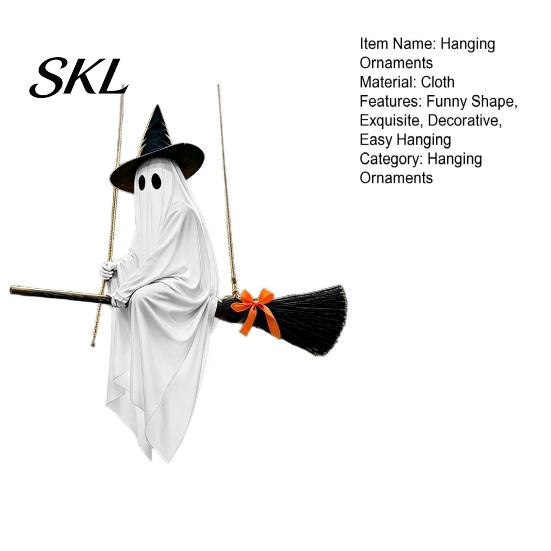 Cute Ghost with Broom Decoration Hanging Halloween Witch Hat and Broom, Spooky Flying Creative Welcome Ornament for Haunted House Porch Tree