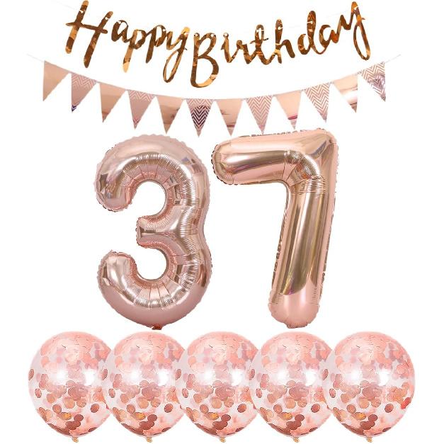 2 Balloons Number 37+ haappy Birthday Garland + Rose Gold Banner foil Balloon 37th Birthday Decoration+5 Confetti Balloons boy Girl 37 Year Birthday