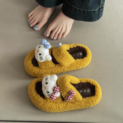 Piaohong милый котенок бант сумка голова пушистые тапочки женские 2025 осень и зима новый верхняя одежда толстая подошва теплые тапочки