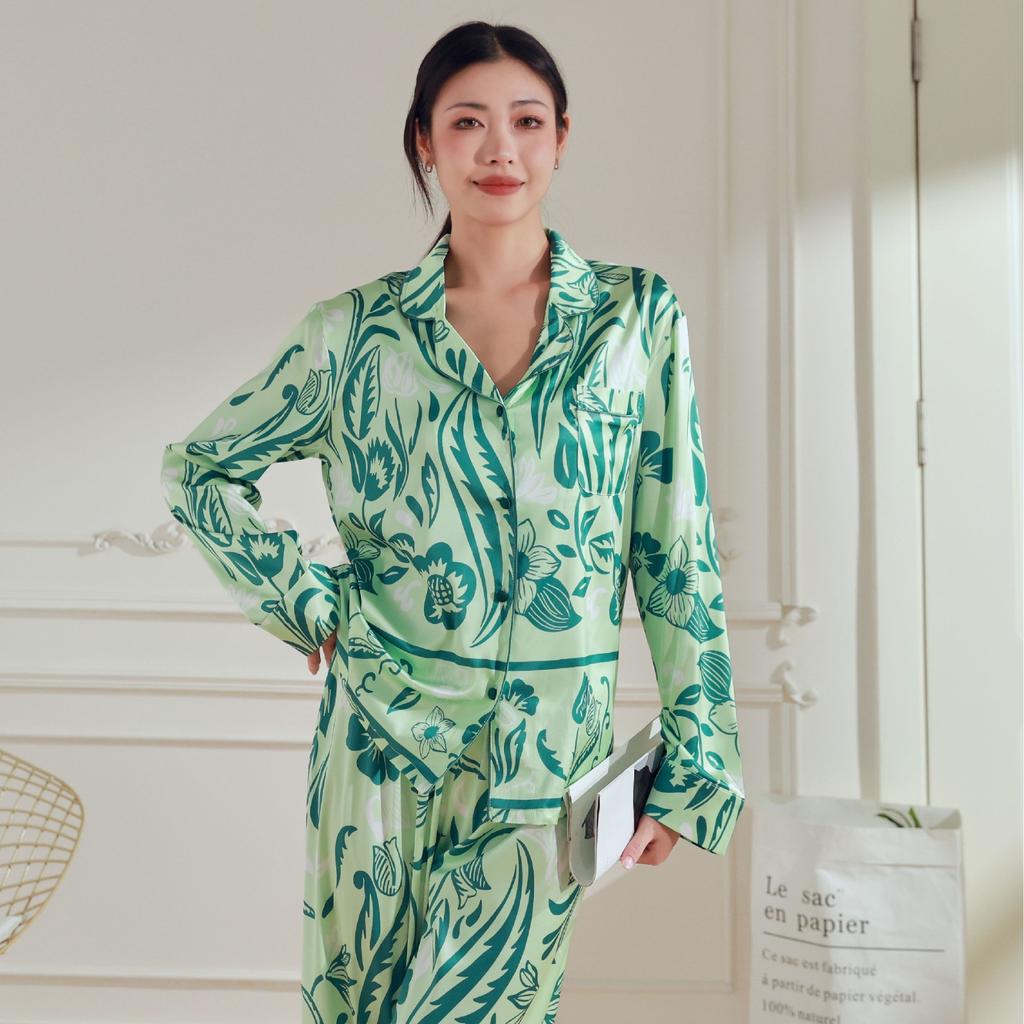 Женский пижамный комплект с зеленым принтом, брюки с длинными рукавами, одежда для дома и отдыха на открытом воздухе, пижамы