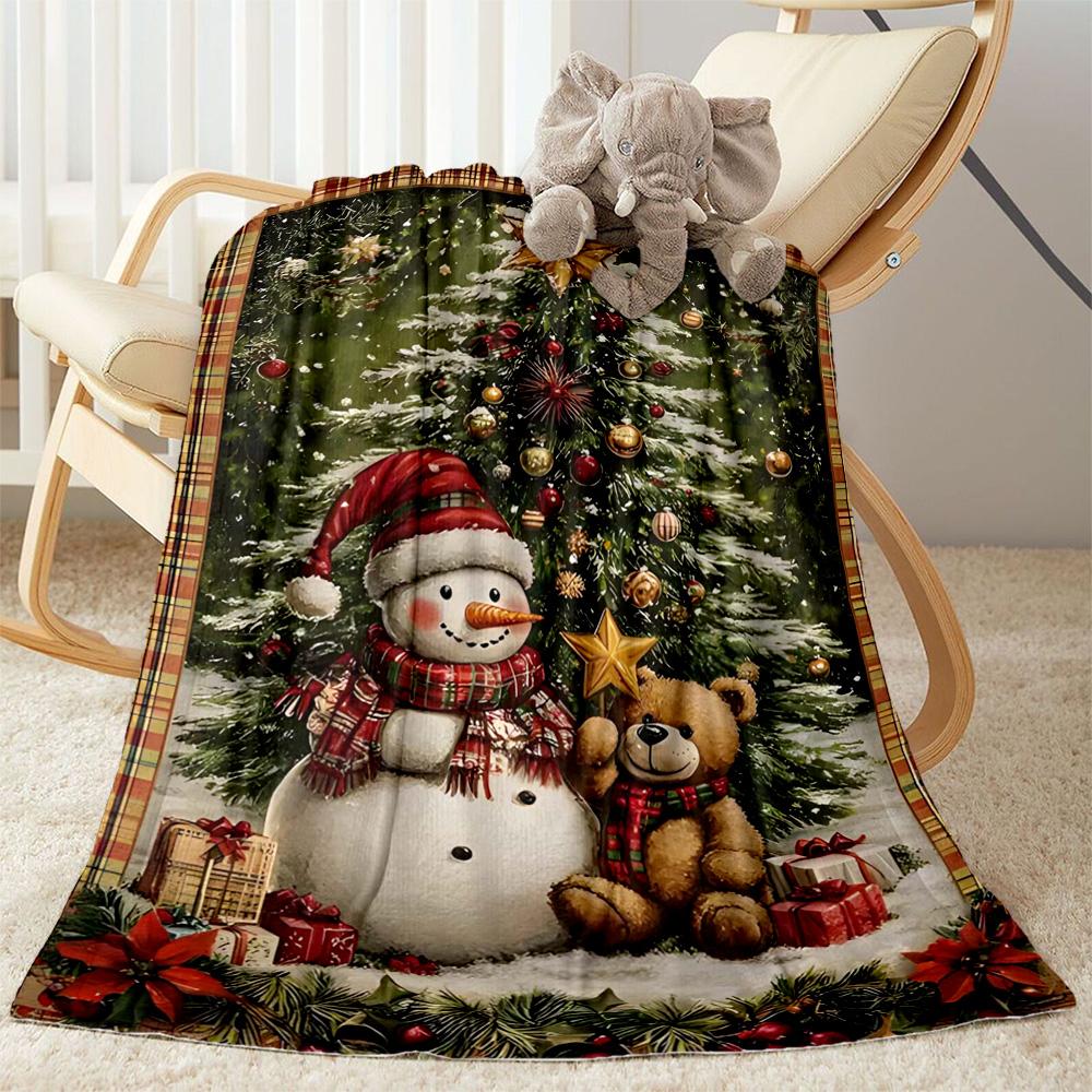 Christmas Snowman And Bear Flannel Blanket,Lightweight,Office Blanket,Sofa Blanket,Comfortable Blanket