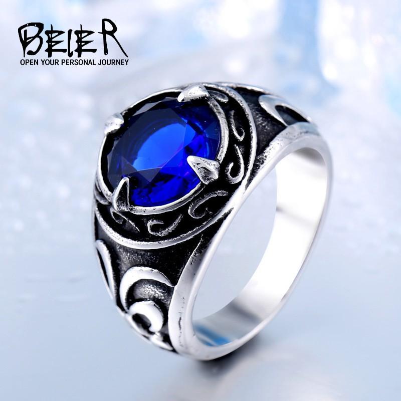 Beier Vintage Stainless Steel Ring With Sapphire Inlay Mens Decorative Crown Band Retro Finger Jewelry