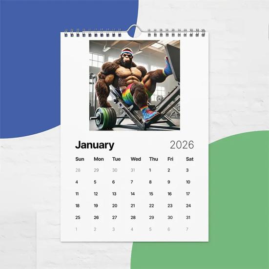 Календарь на стену 2026 Смешной календарь фитнеса Сасквотча 12-месячный календарь Юмористический подарок-прикол на спортивную тематику для мужчин, поклонников криптидов, любителей фитнеса