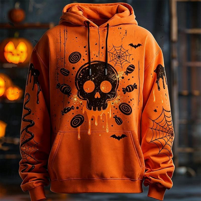 Men's Orange Halloween Black Cat Bat Spider Web Splatter Graphic Hoodie Drawstring Pocket Holiday Party Pullover Tops