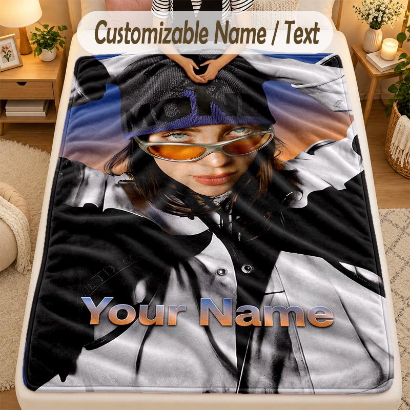 Flannel BlanketBillie Eilish Custom Name Text Personalized Soft Warm Throw Blanket Home Decor Gift