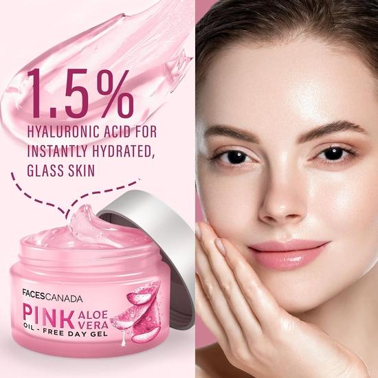 FACESCANADA Розовый гель для умывания с алоэ вера, не содержащий масел, 50 г | 1,5% гиалуроновой кислоты | Интенсивное увлажнение | Легкий, нелипкий | Не содержит спирта и парабенов