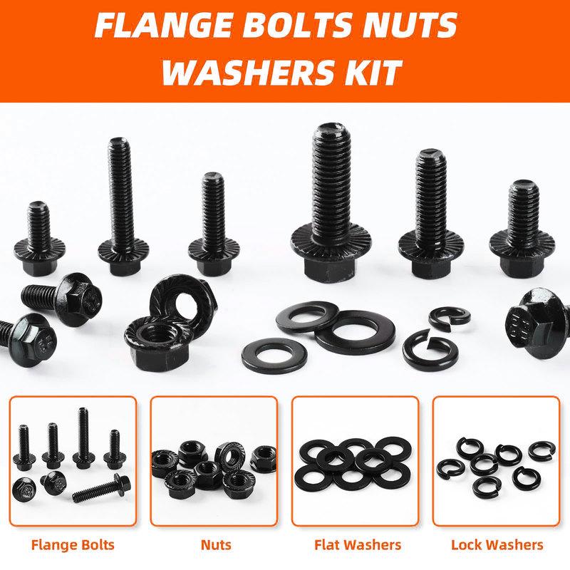 280PCS 10.9 Grade Black Flange Bolt Kit, M6x1.0 M8x1.25 M10x1.5 Hex Bolts Nuts Washers Set for Automotive (12-30mm)
