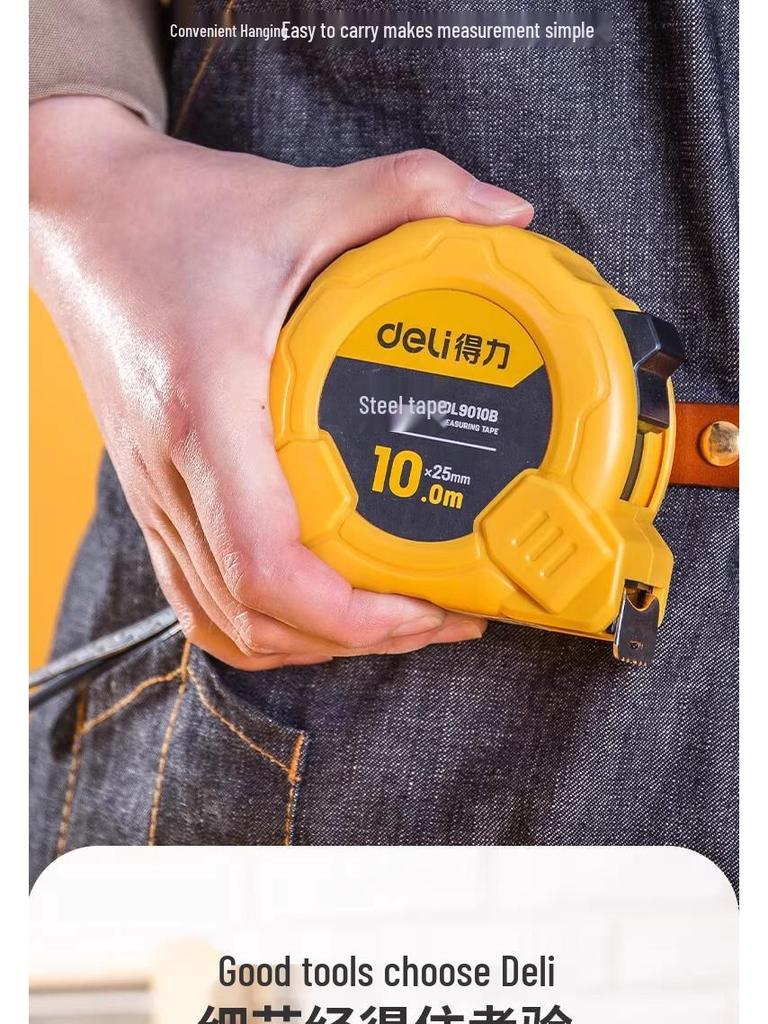 Высокоточная стальная рулетка Deli DL9010B 10м x 25мм - Выдвижная, Утолщенная, Расширенная, Износостойкая линейка.