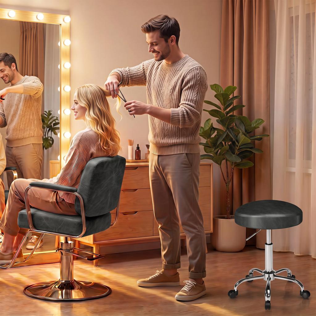 Pu Leather Roll Stool Height Adjustable Salon Stool With Padded Seat Rotating Beauty Stool On Wheels