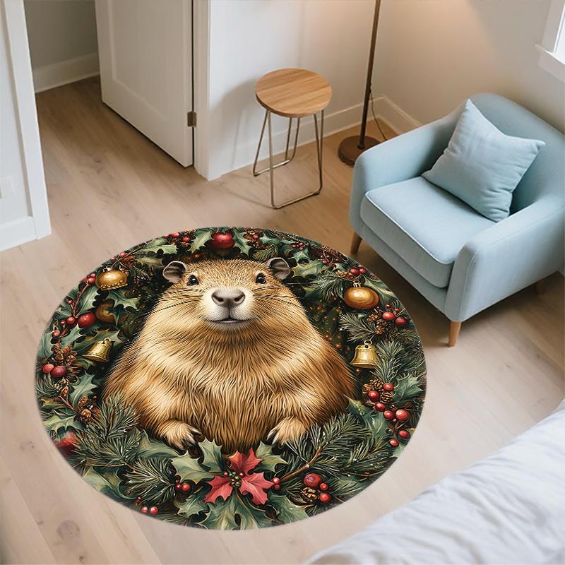 Christmas Capybara pattern round rug,Carpet Rug for Living Room Bedroom Playroom ,Non-slip Floor Mat,Holiday Gifts and Birthday Gifts.