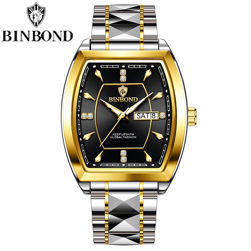 BINBOND Tonneau Dial Кварцевые Часы Для Мужчин Роскошные Алмазные Элегантные Нержавеющая Сталь Водонепроницаемые Светящиеся ТОП Бренд Мужские Наручные Часы