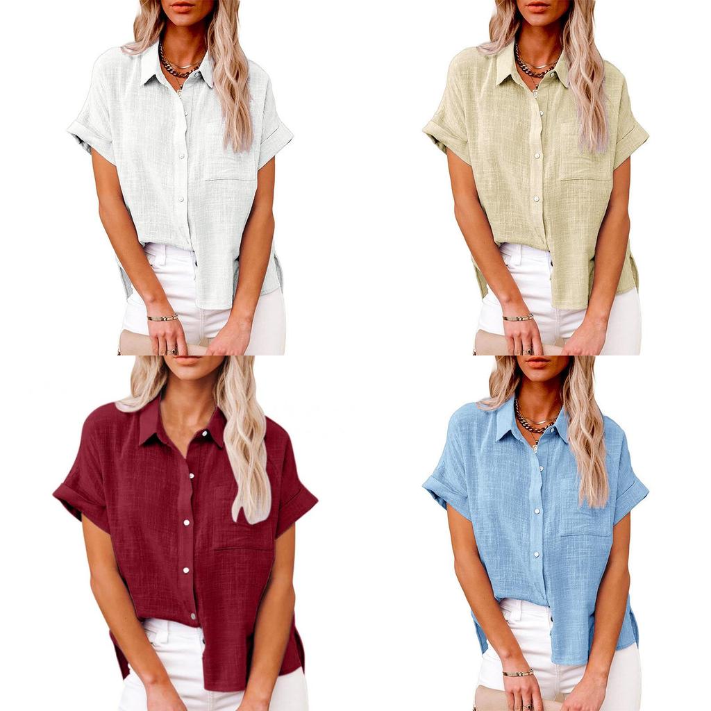 Summer Womens Casual Cotton Short Sleeve Shirt With Color Block Patching For Office Wear