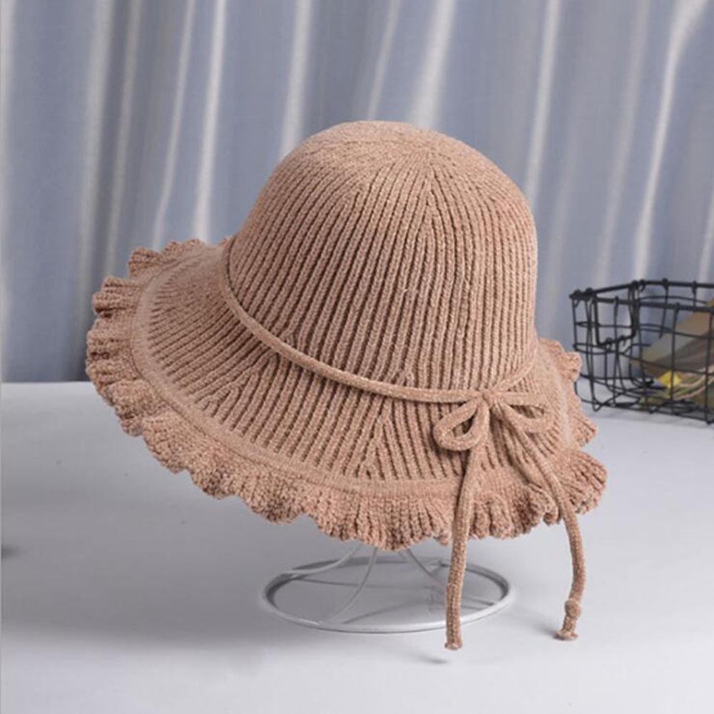Lady Autumn Winter Chenille Fisherman Hat Solid Color Bowknot Wild Pleated Sunshade Retro Hat